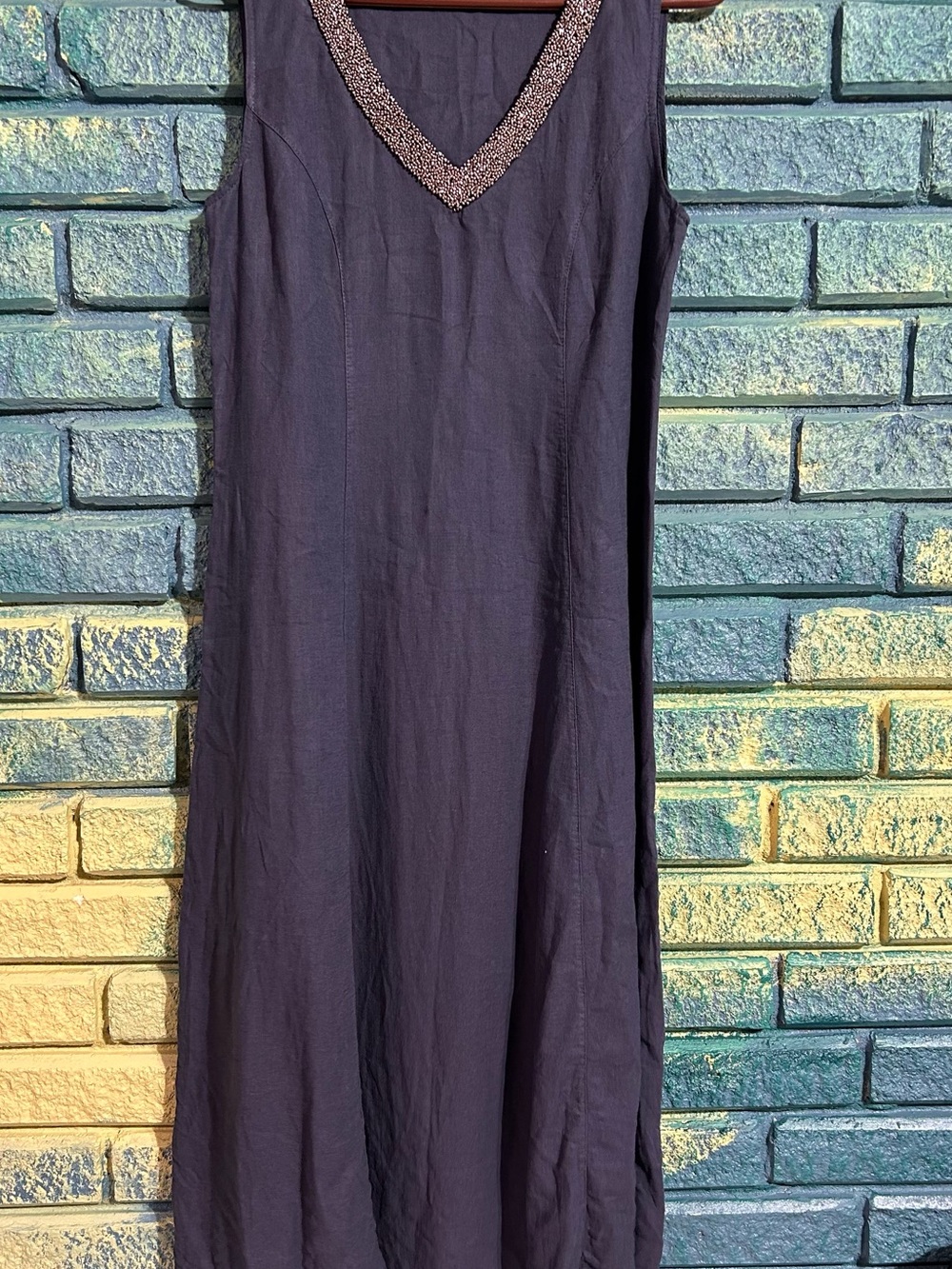 Lina Tomei beaded linen Sleeveless Embellished V-Neck Women’s Dress small maxi